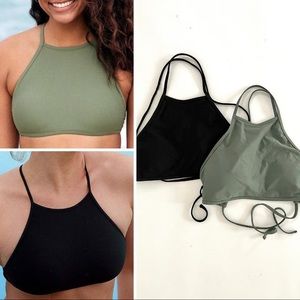 Set of two Aerie High Neck Halter Bikini Top, black and Olive green, size small